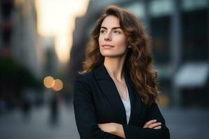 ai generato ritratto di riuscito e contento donna d'affari nel ufficio sorridente e guardare a telecamera con attraversato braccia foto