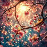 ai generato iper realistico sakura ciliegia fiorire albero le foglie giapponese Festival mattina rugiada osaka tokyo foto