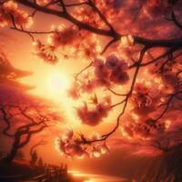 ai generato iper realistico sakura ciliegia fiorire albero le foglie giapponese Festival mattina rugiada osaka tokyo foto
