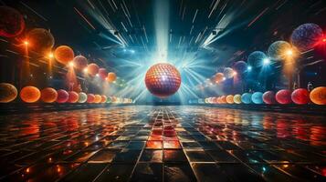 ai generato concerto sala discoteca anni 80. un' scintillante discoteca sfera, neon luci, colorato palcoscenico foto