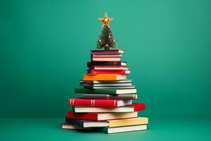 ai generato Natale albero fatto di libri su verde sfondo foto