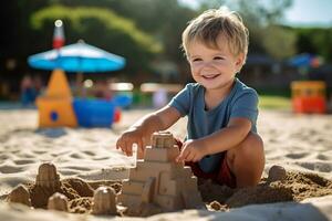 ai generato sabbioso creazioni del bambino contento castello di sabbia edificio avventura foto