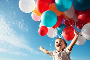 ai generato Palloncino cascata del bambino sorpresa e diletto nel compleanno beatitudine foto