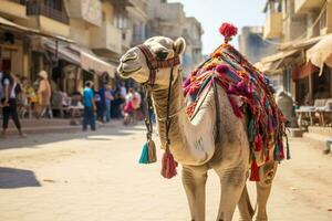 ai generato cammello su un' guinzaglio per turisti nel Egitto generativo ai foto