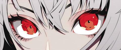 ai generato cartone animato viso avvicinamento con rosso occhi. illustrazione per anime, manga nel giapponese stile foto