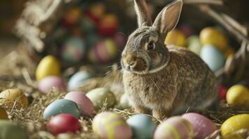 ai generato contento Pasqua coniglietto con molti colorato Pasqua uova foto