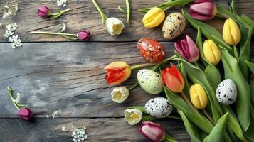 ai generato Pasqua vacanza sfondo con Pasqua uova e tulipano fiori su di legno tavolo. superiore Visualizza a partire dal sopra foto