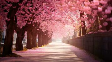 ai generato vicolo con rosa sakura alberi, luminosa soleggiato giorno. ai generato Immagine foto