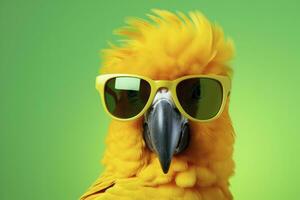 ai generato il giallo pappagallo indossa occhiali da sole al di sopra di un' verde sfondo. foto