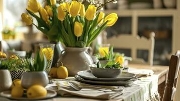 ai generato giallo tulipani a Pasqua cenare tavolo foto