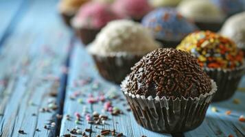 ai generato Brigadeiro nel carta le forme su blu di legno sfondo, vicino su foto