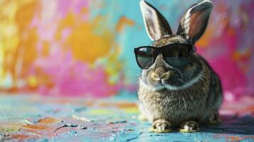 ai generato freddo coniglietto con occhiali da sole su colorato sfondo foto