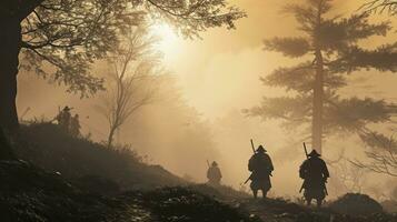 ai generato sbalorditivo alba scena nel nebbia con staglia samurai su il storico sekigahara campo di battaglia, consegnato nel moderno inchiostro lavare stile e smorzato toni. foto