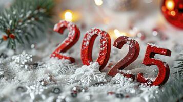 ai generato nuovo anno sfondo con il numeri 2025 su il bianca ghiaccio leggero bokeh sfondo foto
