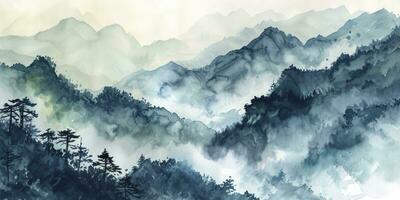ai generato montagna scenario, acquerello. Cinese o giapponese blu montagne. paesaggio di nebbioso montagne nel il presto mattina foto