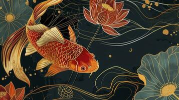 ai generato lusso oro orientale stile sfondo. Cinese e giapponese sfondo modello design di elegante pesce rosso, loto fiori con oro linea. design illustrazione per decorazione, parete arredamento. foto