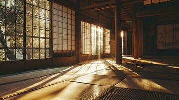 ai generato tradizionale giapponese vuoto camera interno con tatami stuoie e sole luce. foto