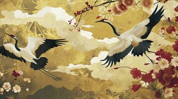 ai generato lusso oro orientale stile sfondo. Cinese e giapponese sfondo modello design di elegante gru uccelli, nube con acquerello struttura. design illustrazione per decorazione, parete arredamento. foto