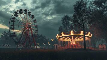 ai generato vecchio carnevale con un' Ferris ruota su un' nuvoloso notte. 3d rendering, illustrazione foto