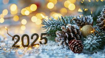 ai generato nuovo anno sfondo con il numeri 2025 su il bianca ghiaccio leggero bokeh sfondo foto