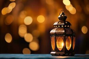 ai generato ornamentale Arabo lanterne. luccicante d'oro bokeh luci su il tavolo foto