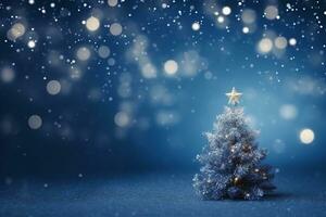 ai generato blu decorato Natale albero su di legno tavolo e blu sfocato sfondo. copia spazio foto
