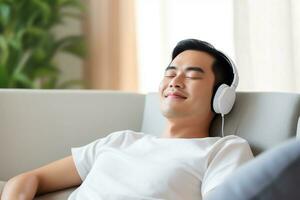 ai generato calma asiatico uomo seduta su divano ascoltando per musica audiolibro godendo meditazione per dormire e pace foto