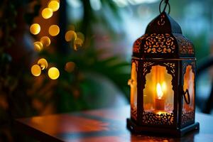 ai generato ornamentale Arabo lanterne. luccicante d'oro bokeh luci su il tavolo foto