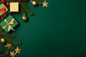 ai generato Natale composizione di abete albero rami con palline su verde sfondo foto