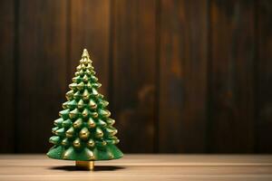 ai generato piccolo Natale sfondo con decorativo abete albero su sfocato sfondo con bokeh foto