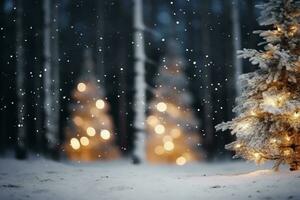 ai generato illuminato pino Natale albero nevoso foresta notte foto