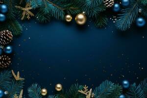 ai generato Natale vacanze composizione di abete albero rami con palline e copia spazio foto