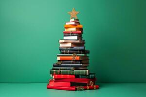 ai generato Natale albero fatto di libri su verde sfondo foto