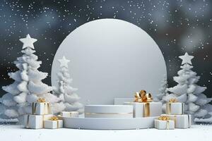 ai generato 3d reso bianca e nevoso podio Schermo per allegro Natale evento foto