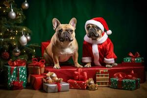 ai generato Due cani seduta su Natale i regali foto
