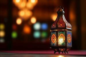 ai generato eid decorativo tradizionale lampade su bokeh sfondo su di legno tavolo foto