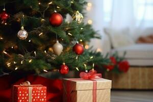 ai generato bellissimo avvicinamento di un' Natale albero sospeso ornamenti su esso con i regali foto