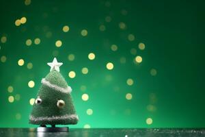 ai generato piccolo meravigliosamente decorato Natale albero con bokeh sfondo foto