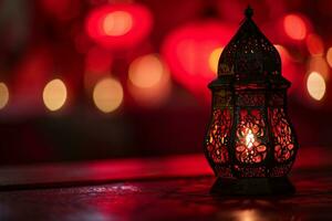 ai generato rosso ornamentale Arabo lanterna raggiante a notte invito per musulmano santo mese Ramadan kareem foto