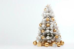 ai generato decorato Natale albero su bianca sfondo foto