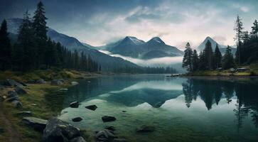 ai generato lago nel il montagne, lago con foresta, panoramico Visualizza di il lago foto