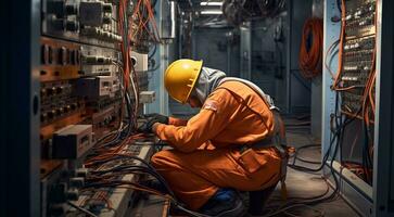 ai generato elettricista Lavorando nel un' fabbrica, lavoratore con casco, elettrico lavoratore nel azione foto