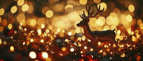 ai generato Natale sfondo con un' Natale cervo, nel il stile di travolgente leggero effetti, rosso e ambra, movimento sfocatura panorama, glitterato e brillante. foto
