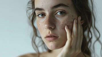 ai generato giovane donna con acne problema schiacciare brufoli su leggero sfondo con spazio per testo foto