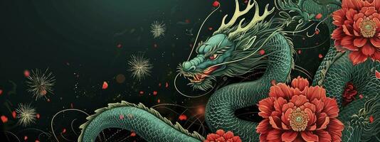 ai generato anno di il Drago. Cinese nuovo anno. congratulazioni bandiera con verde Drago, rosso fiori e fuochi d'artificio. foto