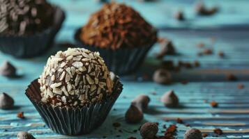 ai generato Brigadeiro nel carta le forme su blu di legno sfondo, vicino su foto