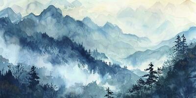 ai generato montagna scenario, acquerello. Cinese o giapponese blu montagne. paesaggio di nebbioso montagne nel il presto mattina foto