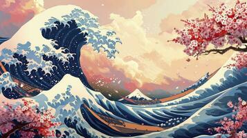 ai generato astratto Hokusai stile sfondo. onde, mare, rosa sakura alberi. foto