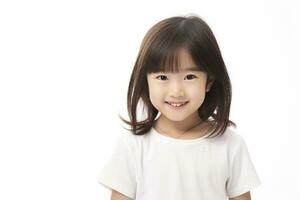 ai generato asiatico sorridente poco ragazza ritratto isolato su bianca sfondo foto