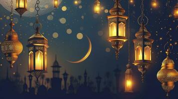 ai generato Ramadan kareem confine, islamico arte stile sfondo. simboli di Ramadan mubarak, sospeso oro lanterne, Arabo lampade, lanterne Luna, stella, arte e illustrazione. foto